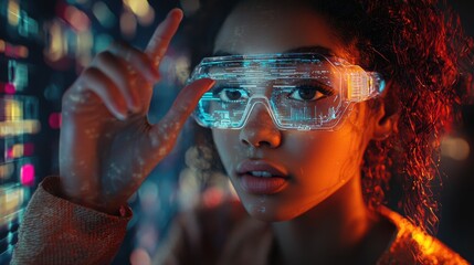 Young woman exploring virtual reality in a neon-lit gaming setup
