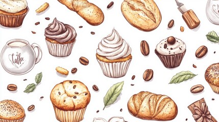 Watercolor Illustration of Assorted Baked Goods and Coffee
