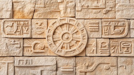 Engraved stone cladding with ancient-style symbols and patterns