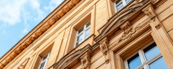Weathered sandstone cladding on an old European building, warm nostalgic tones