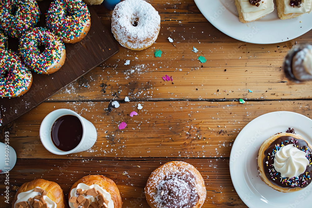 Poster delightful assortment of colorful pastries and donuts with sprinkles and powdered sugar is spread ac