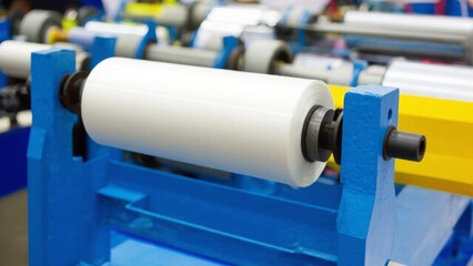 A roll of white plastic film placed on a blue industrial machine in a factory setting, showcasing equipment used for packaging, manufacturing, or material processing