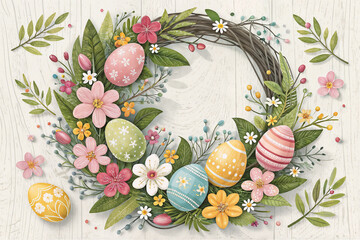 floral wreath with Easter eggs on a white background