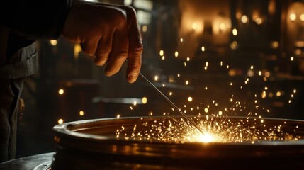 Obraz premium Artisan Hand Creating Sparks Over Metal Surface in Dimly Lit Workshop With Bokeh Background Highlighting Craftsmanship and Skillful Techniques