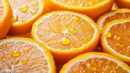 Close up view of juicy orange fruit slices with water droplets