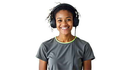 Isolated studio portrait of a young African-American woman with headphones and microphone listening to music or podcast, on white background. Ideal for tech, audio, communication visuals.