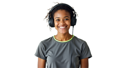 Isolated studio portrait of a young African-American woman with headphones and microphone listening to music or podcast, on white background. Ideal for tech, audio, communication visuals.