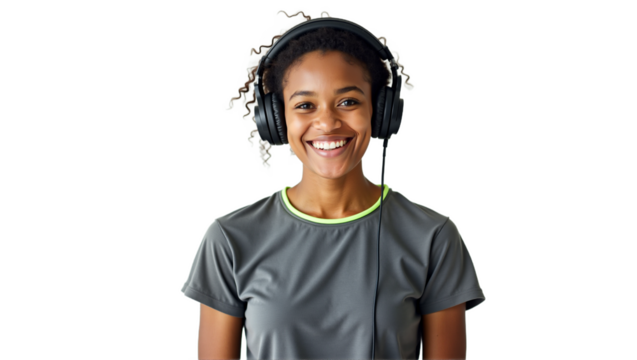 Isolated studio portrait of a young African-American woman with headphones and microphone listening to music or podcast, on white background. Ideal for tech, audio, communication visuals.