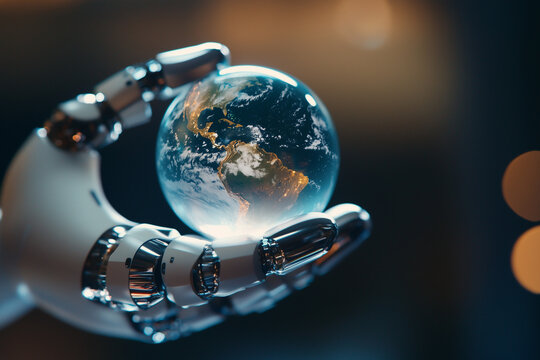 metallic robotic hand gently holds crystal clear globe, symbolizing technology grasp on world. image conveys futuristic and innovative atmosphere