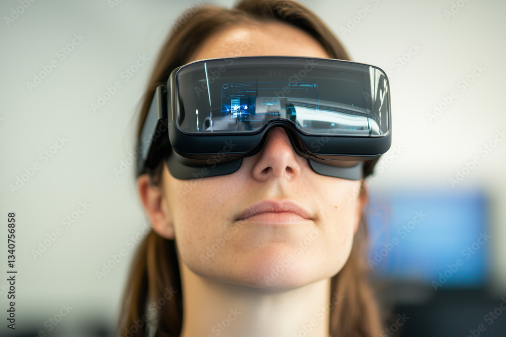 Poster woman wearing augmented reality glasses in tech lab, focused on digital display. futuristic setting 