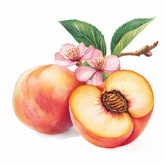 Watercolor illustartion of peaches with pink blossoms. Hand drawn clip art for wedding card, greeting card
