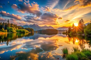 Fototapeta premium Serene Sunset Lake: Glowing Reflections at Golden Hour