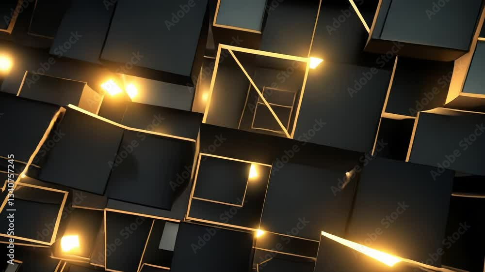 Poster abstract geometric pattern of overlapping squares and rectangles in dark grey and gold. glowing high