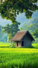 Obraz premium Remote Thai countryside, isolated wooden hut with thatch roof, surrounded by rice paddies, green fields, trees swaying in the breeze, peaceful morning