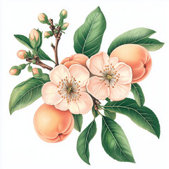 Watercolor illustartion of peaches with pink blossoms. Hand drawn clip art for wedding card, greeting card