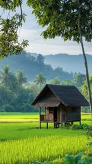 Fototapeta premium Remote Thai countryside, isolated wooden hut with thatch roof, surrounded by rice paddies, green fields, trees swaying in the breeze, peaceful morning