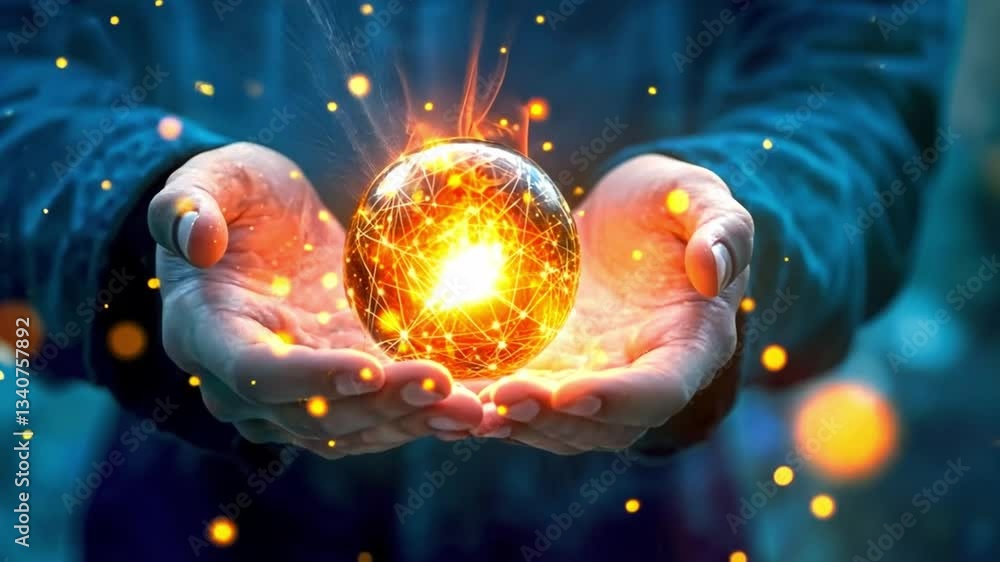 Poster this captivating image shows two hands cradling a bright orb. surrounding it are swirling particles 