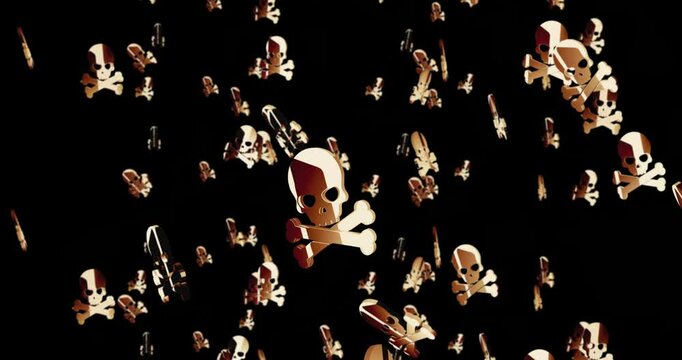 Skull cyber pirates and hacking cyberattack symbol rain fall loop. Abstract 3d golden metal rotated icon seamless and loopable falling animation.