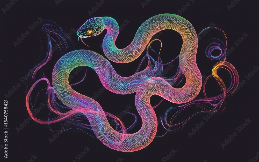 Poster a colorful pixelated snake with trailing light effect on a dark background