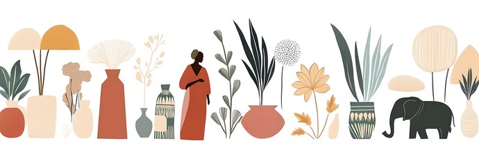 Abstract collage of various African elements, vases, and plants
