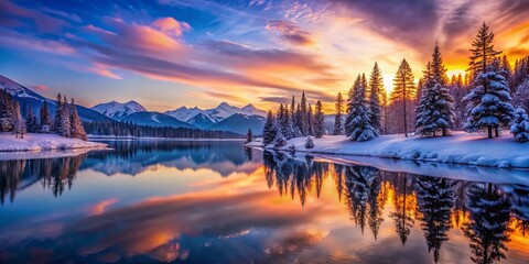 Obraz premium Serene Sunset: Snowy Mountain Reflection in Calm Winter Lake