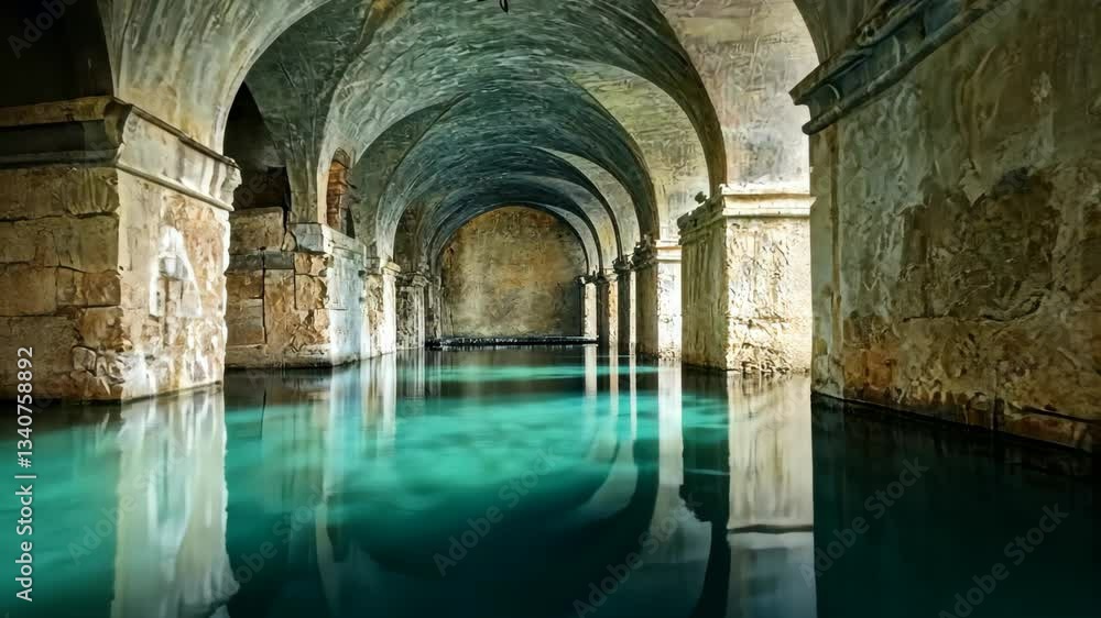 Poster reflections on calm water inside an ancient stone structure in a peaceful setting