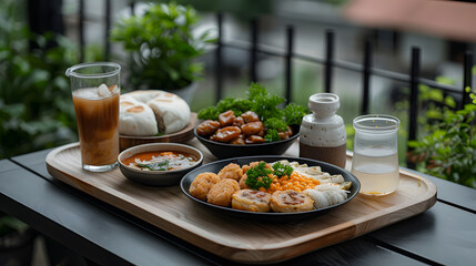 Assorted Asian dishes on a wooden tray