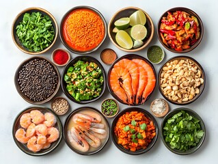 A vibrant overhead shot showcases an array of delicious and colorful ingredients including shrimp, lentils, spices, and fresh herbs prepared for a