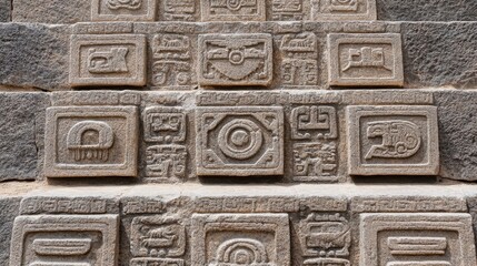 Engraved stone cladding with ancient-style symbols and patterns