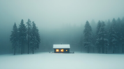 cozy cabin glows warmly amidst serene winter forest, surrounded by tall snow covered trees and misty atmosphere