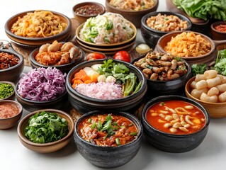 Fototapeta premium A vibrant spread of diverse Asian cuisine dishes includes noodles, rice, meat, and vegetables in rustic bowls on a white background.