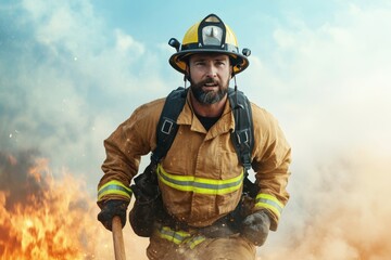 Fototapeta premium Fireman firefighting mission. Brave firefighter charging through smoke and flames during rescue