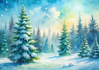Serene Winter Wonderland: Snow-Covered Pine Trees Watercolor Painting