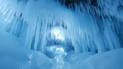 Frozen ice cave with icicles and blue tones