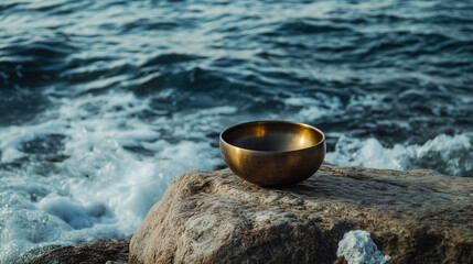Coastal sound bath experience with a singing bowl on the beach