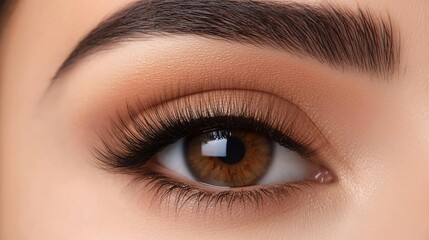 Close-up of a beautifully made-up eye with long lashes.
