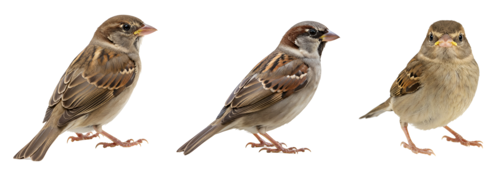 Three sparrows perched against a  showing their plumage well transparent background
