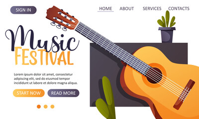 Vector landing page web template featuring an acoustic guitar on a dark background for a music festival or concert