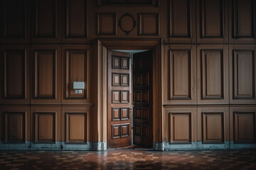 The image depicts an open door set within a room featuring paneled wooden walls and an ornate tiled floor. The door is made of dark wood, adorned with decorative panels, stands slightly ajar.