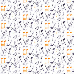 Seamless music pattern with notes, treble clef, and rhythmic symbols on a light background for wallpaper or textiles
