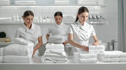 Fototapeta premium Hotel maids working in unison to maintain cleanliness and room preparation.