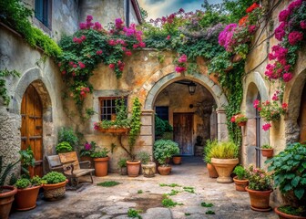 Shabby Chic Courtyard: Stone Archways, Floral Decor, Long Exposure Photography