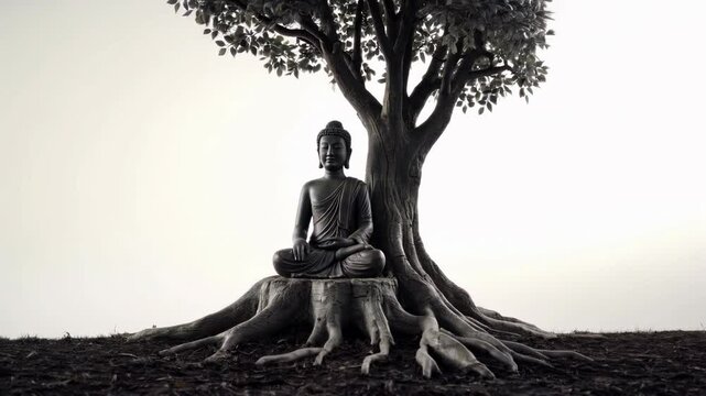 Serene Buddha statue meditating under a large tree with roots on earthy ground - buddha sitting under a bodhi tree