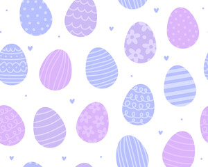 Seamless pattern for Easter day. Various purple and blue Easter eggs with patterns on a white background. Cute illustration, pastel colors.