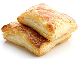 Two golden brown flaky puff pastries filled with creamy cheese filling are stacked on a white background.