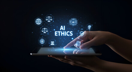 hand engages AI ethics and law in artifici with a digital tablet, showcasing the concept of AI ethics through various icons symbolizing justice, security, and connectivity in a futuristic interface