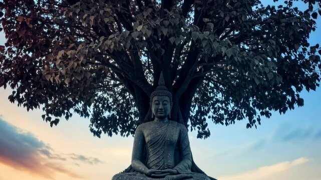 Serene Buddha statue meditating under a large tree at sunset, peaceful atmosphere - buddha sitting under a bodhi tree