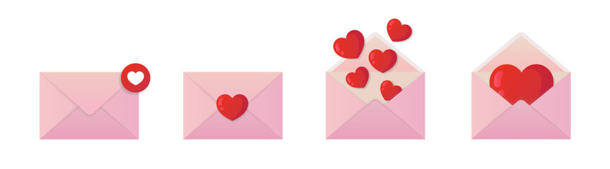 Love mail icon set. Mail envelope icon set with flying hearts and marker new message isolated on transparent background. Happy valentine day message in love concept