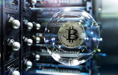 A bitcoin coin inside a digital bubble in a computer server environment