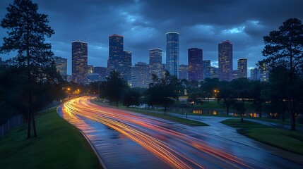Obraz premium Vibrant City Skyline at Dusk with Dynamic Light Trails Illustrating Urban Mobility